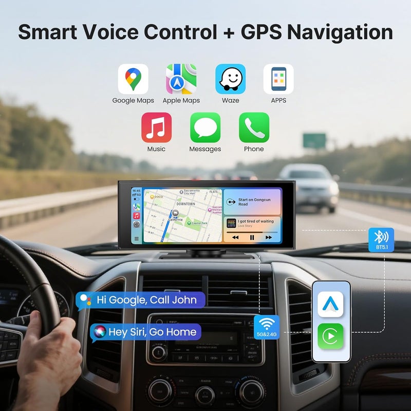 WonVon Wireless Car Play Screen, 10.26'' Monitor with Apple Carplay & Android Auto, 4K Portable Smart Touch Tablet Stereo Multimedia Dashboard, Bluetooth/FM/GPS/AUX - Image 2